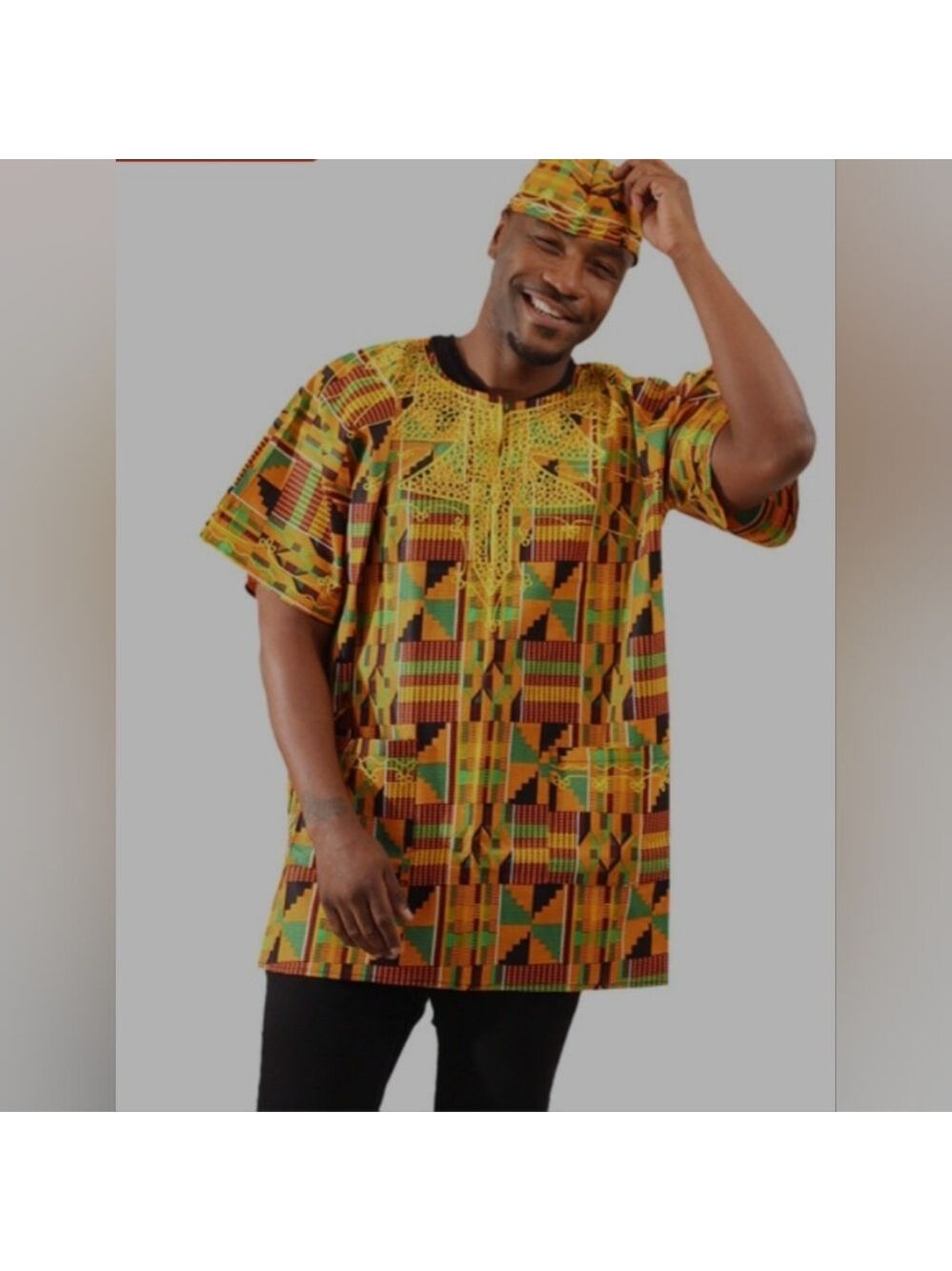 Kente | Dashiki Shirt with Matching Hat | Vibrant African Print | Free Size